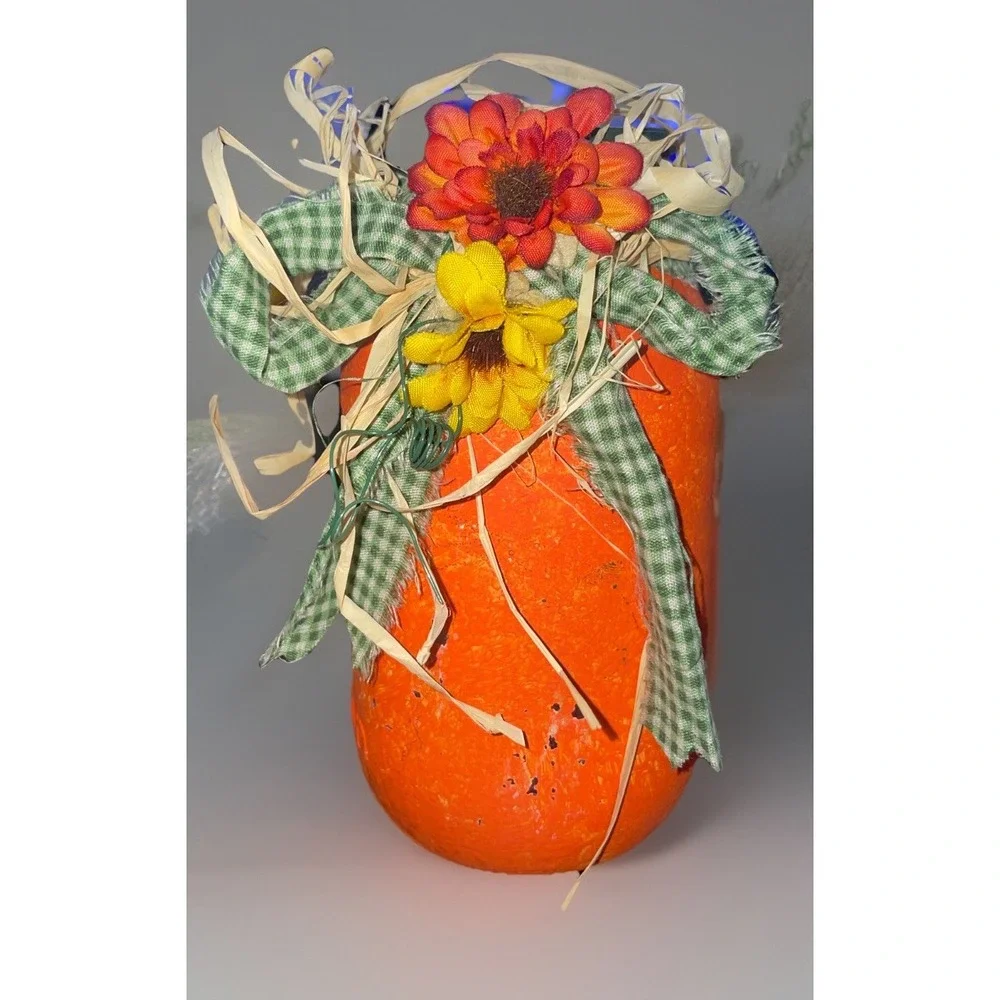 VTG Halloween Pumpkin Glass Handpainted‎ Candle Holder Mason Jar